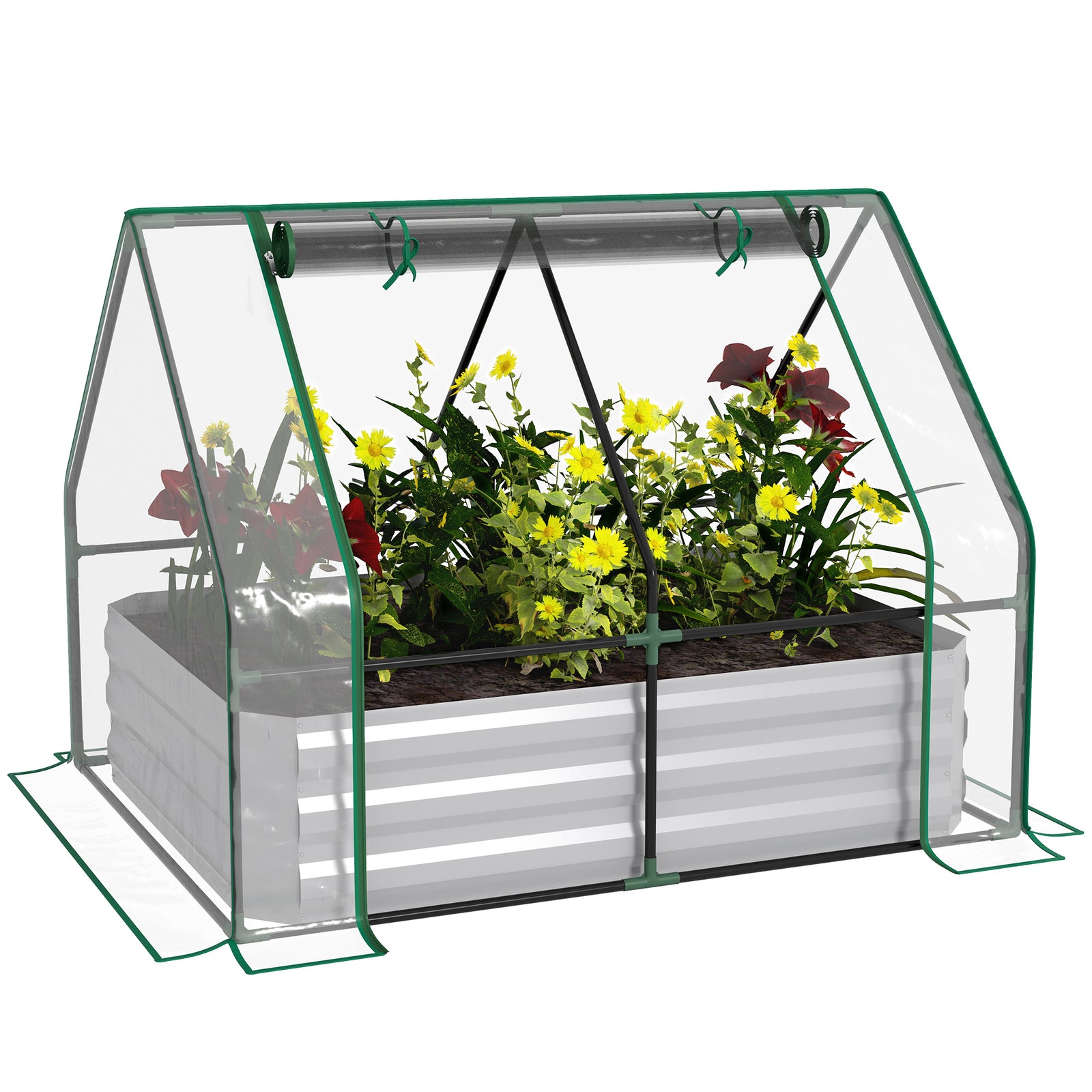 Raised Garden Bed with Greenhouse, Steel Planter Box with Plastic Cover, Roll Up Window, Dual Use for Flowers, Vegetables, Fruits and Herbs, 127L x 95W x 92H cm, Clear