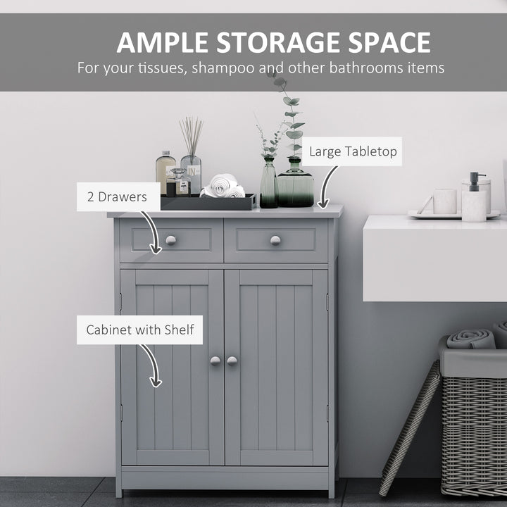 75x60cm Freestanding Bathroom Storage Cabinet Unit w/ 2 Drawers Cupboard Adjustable Shelf Metal Handles Traditional Style Grey