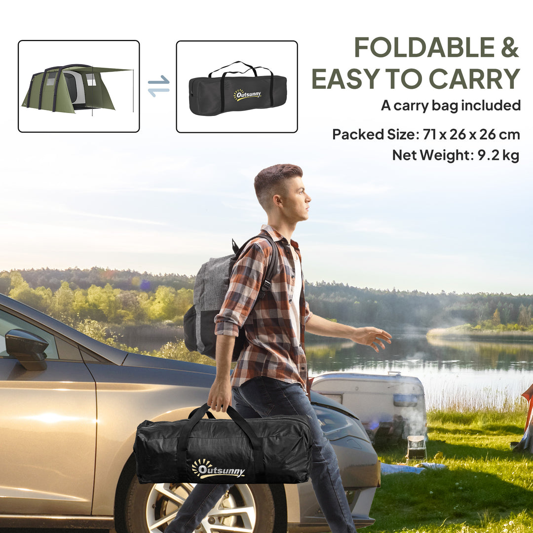 Inflatable 3-4 Man Tunnel Tent w/ Air Pump, Living Area & Vestibule, Waterproof Family Camping Air Tent w/ Sewn In Groundsheet & Removable Footprint for Camping, Hiking, Olive Green
