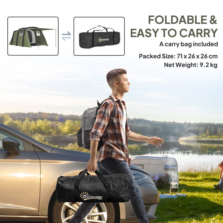 Inflatable 3-4 Man Tunnel Tent w/ Air Pump, Living Area & Vestibule, Waterproof Family Camping Air Tent w/ Sewn In Groundsheet & Removable Footprint for Camping, Hiking, Olive Green