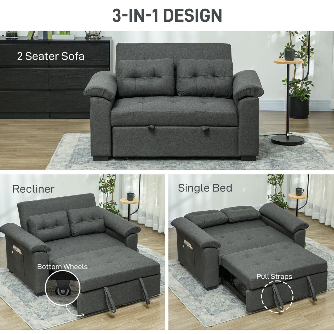 Pull Out Sofa Bed, Fabric 2 Seater Click Clack Sofa Bed Settee with 2 Pocket Springs, Convertible Sofa Couch with Pillows and Side Pockets for Living Room, Home Office, Charcoal Grey