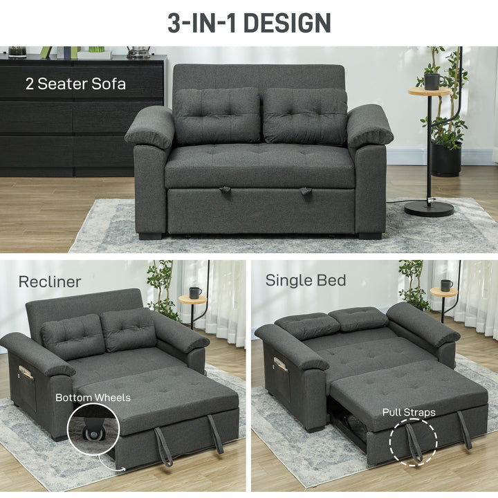 Pull Out Sofa Bed, Fabric 2 Seater Click Clack Sofa Bed Settee with 2 Pocket Springs, Convertible Sofa Couch with Pillows and Side Pockets for Living Room, Home Office, Charcoal Grey