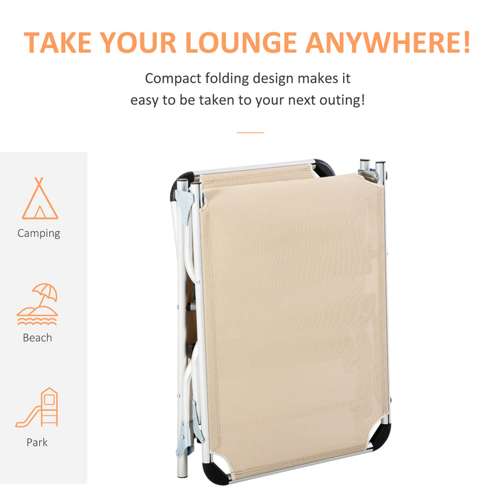 Foldable Outdoor Sun Loungers Set of 2, Reclining Lounge Chair Camping Bed Cot with Pillow 4-Level Adjustable Back Aluminium Frame, Khaki