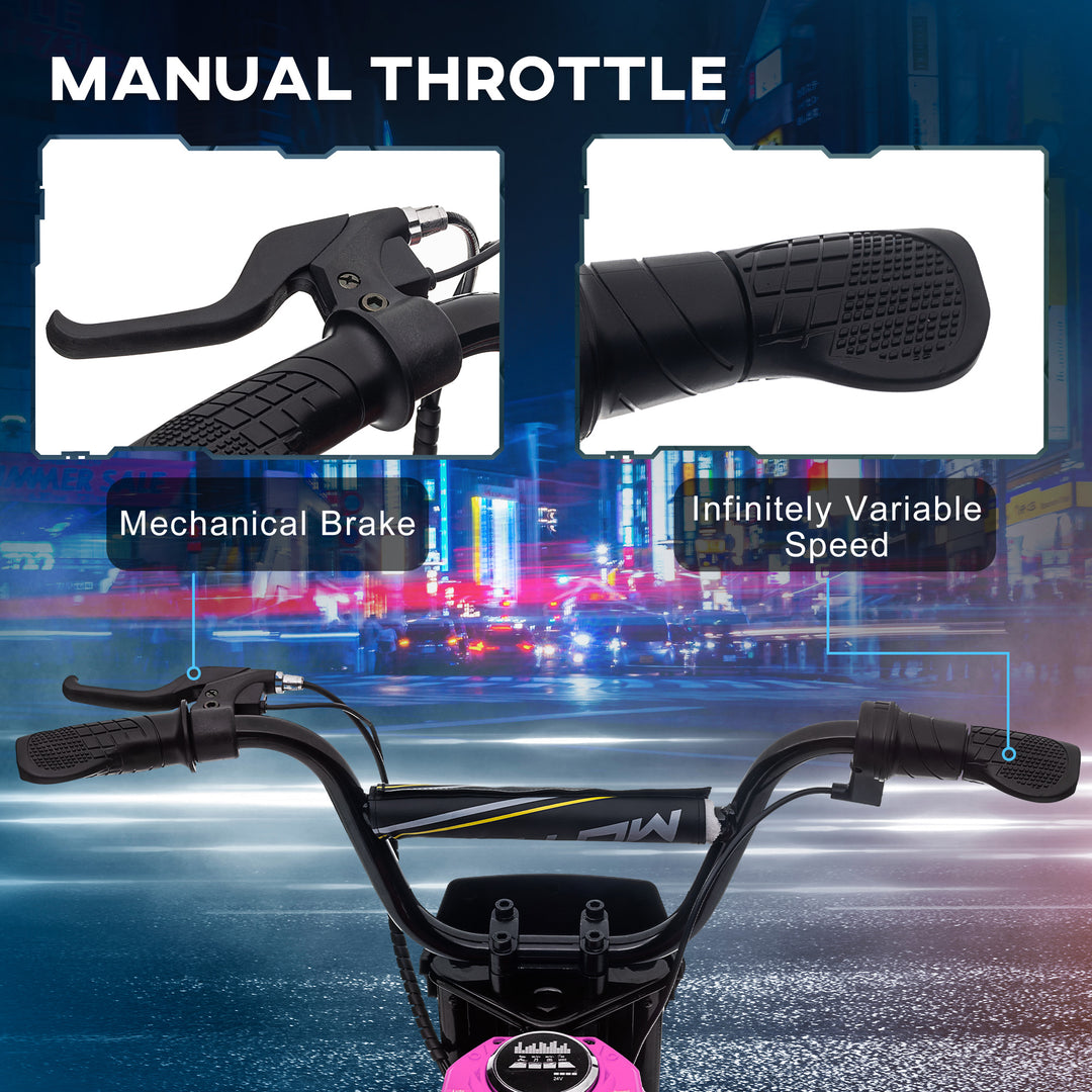 24V Electric Motorbike with Twist Grip Throttle, Music, Horn, 12" Pneumatic Tyres, 16km/h Max Speed - Pink