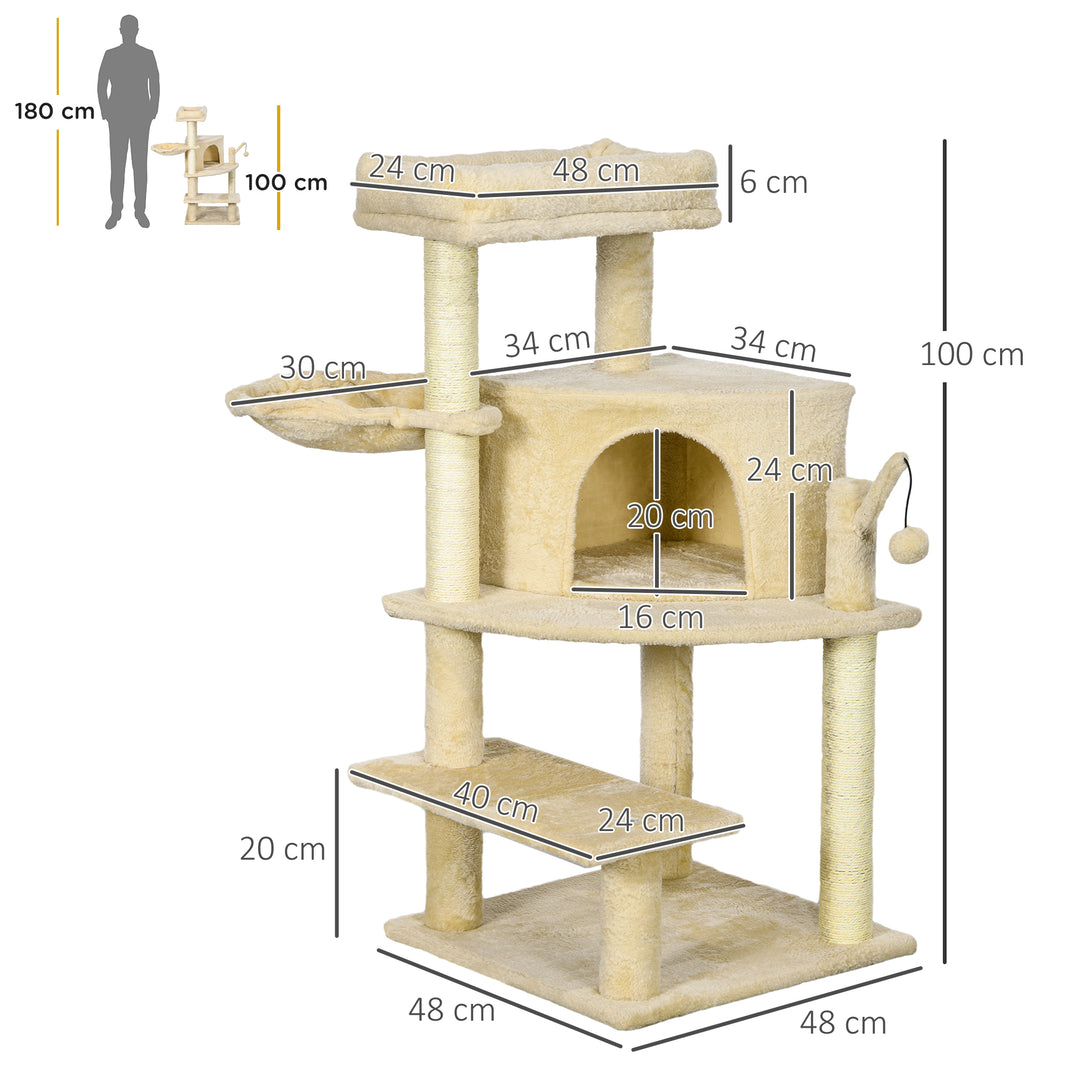 PawHut Tall Cat Tree with Sisal Scratching Posts, 100cm Activity Centre, Plush Platform, Cream White | Aosom UK