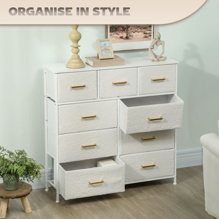 Chest of Drawers with 9 Fabric Drawers, Boucle Storage Organiser with Steel Frame, Fabric Dresser for Bedroom, Living Room, Hallway, Cream White