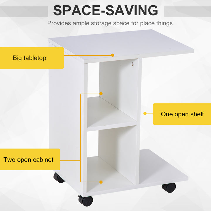 HOMCOM C-Shape End Table Unique Storage Unit w/ 2 Shelves 4 Wheels Freestanding Home Office Furniture Cabinet Square Studio White