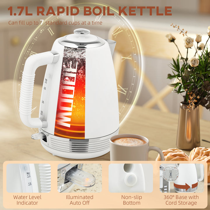 Stainless Steel Kettle and Toaster Set, 1.7L 3000W Rapid Boil Jug Kettle with UK Strix Thermostat, Limescale Filter, 4 Slice Toaster with 7 Browning Controls, Crumb Tray, White and Silver Tone