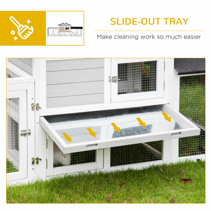 PawHut 2 Tier Wooden Rabbit Hutch Small Pet House Bunny Run Cage with Pull Out Tray Ramps Lockable Doors Large Run Area Asphalt Roof for Outdoor Grey