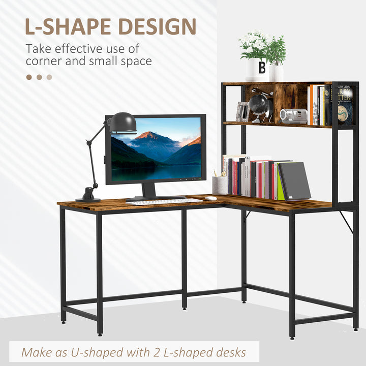 L Shaped Desk with Book Shelf, Industrial Corner Computer Desk, Writing Table with Steel Frame for Home Office, Bedroom, Study Room, 140 x 125cm, Brown