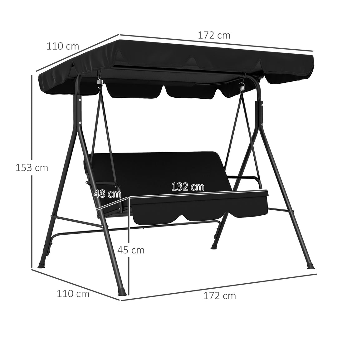 Three-Seater Garden Swing Chair, with Adjustable Canopy - Black