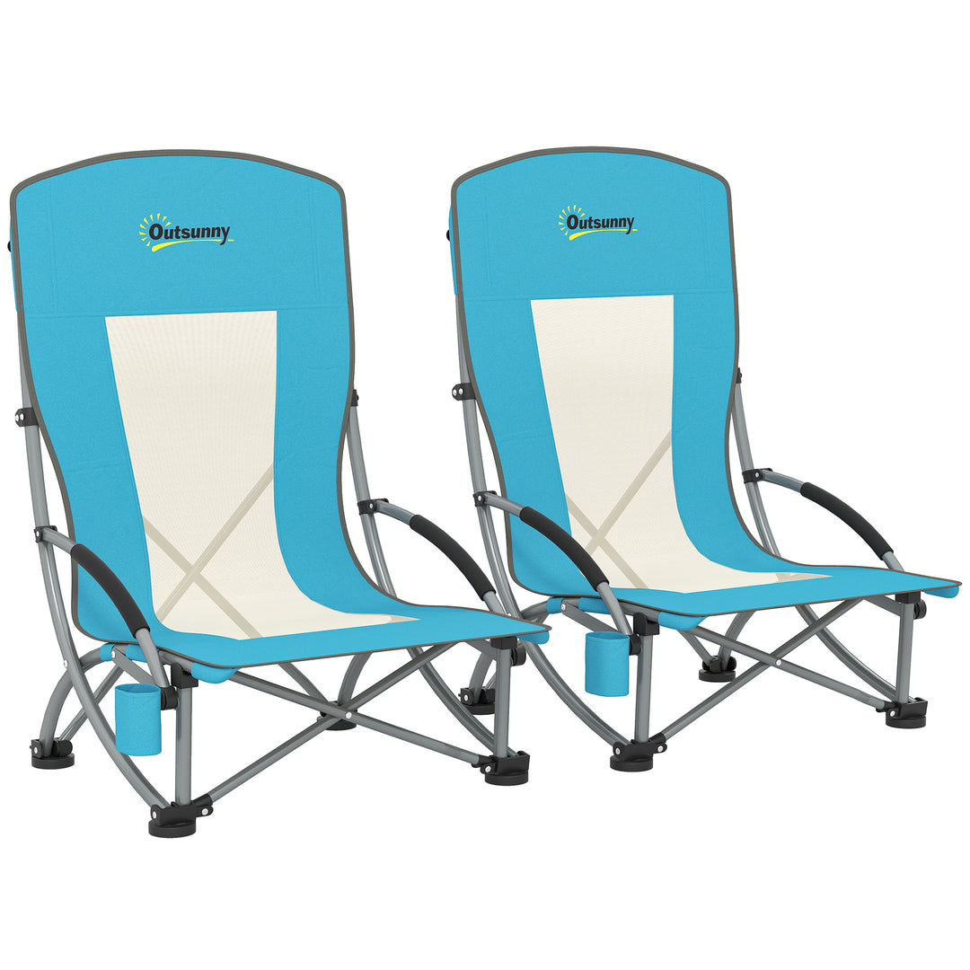 Set of 2 Folding Beach Chair, Low Camping Chair with Mesh Back, Carry Bag and Cup Holder for Garden Outdoor Picnic Festival Travel, Blue
