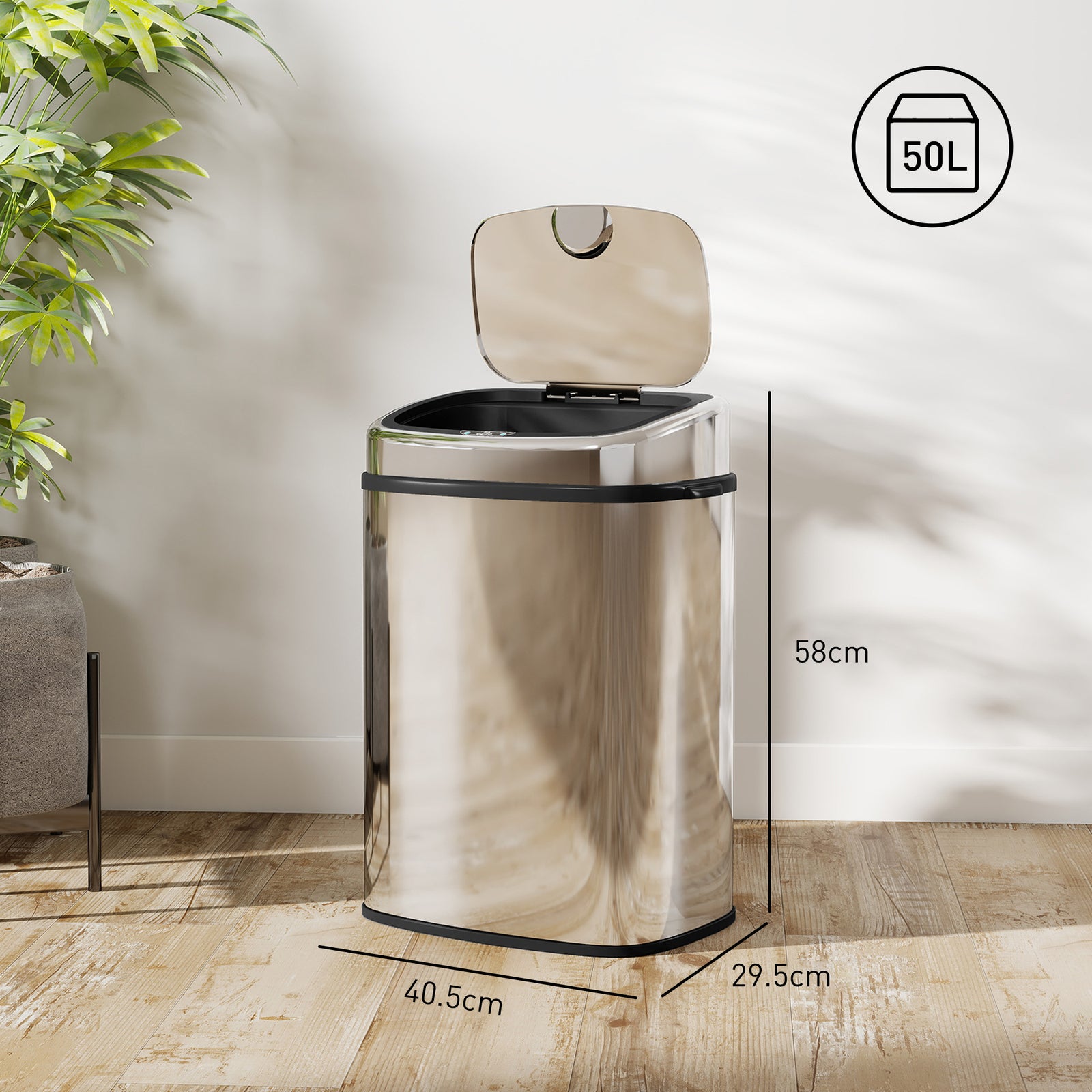 50L Stainless Steel Sensor Bin - Silver Tone