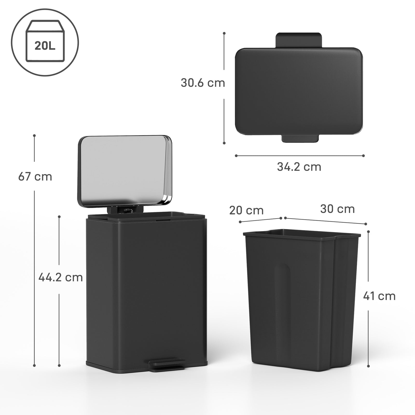 20L Kitchen Bin with Soft-Close Lid and Stay-Open Function, Stainless 