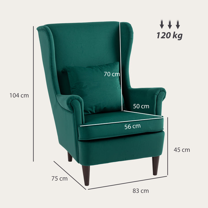 Modern Accent Chair, Upholstered Wingback Armchair with High Backrest and Pillow, Velvet-Feel Fabric Reading Chair with Solid Wood Legs for Living Room, Bedroom, Home Office, Dark Green
