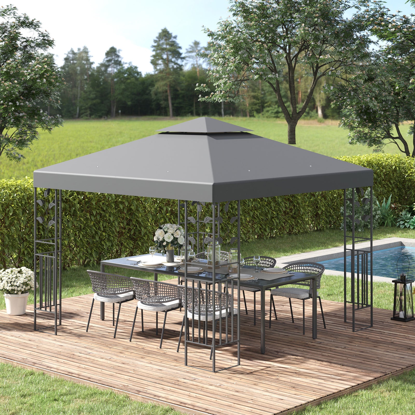 3 x 3m Outdoor Steel Gazebo with 2 Tier Roof, Garden Gazebo Patio Canopy Marquee Shelter with Decorative Steel Frame - Grey