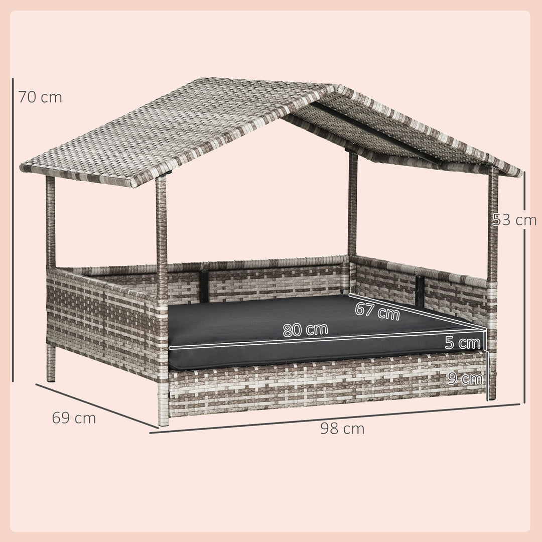 Wicker Dog House, Rattan Pet Bed, with Removable Cushion, Canopy, for Small and Medium Dogs - Dark Grey