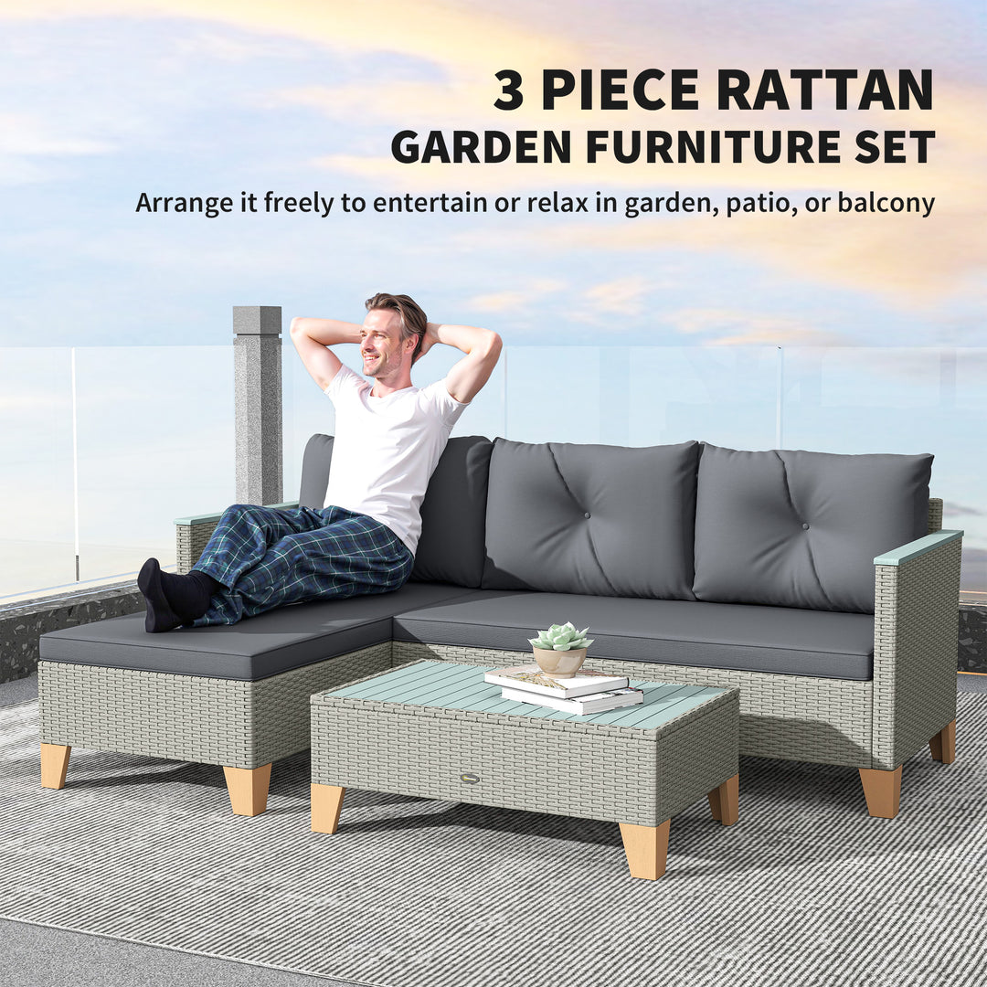 3 Pieces Rattan Garden Furniture Set, L Shaped Garden Conversation Chaise Lounge Furniture with Wood Top Coffee Table and Thick Cushions, Charcoal Grey