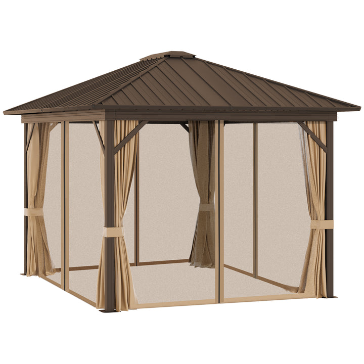 Outsunny 3.6 x 3(m) Outdoor Hardtop Gazebo Metal Roof Patio Gazebo with Aluminum Frame, Mesh Nettings, Curtains, & Roomy Interior Space, Brown