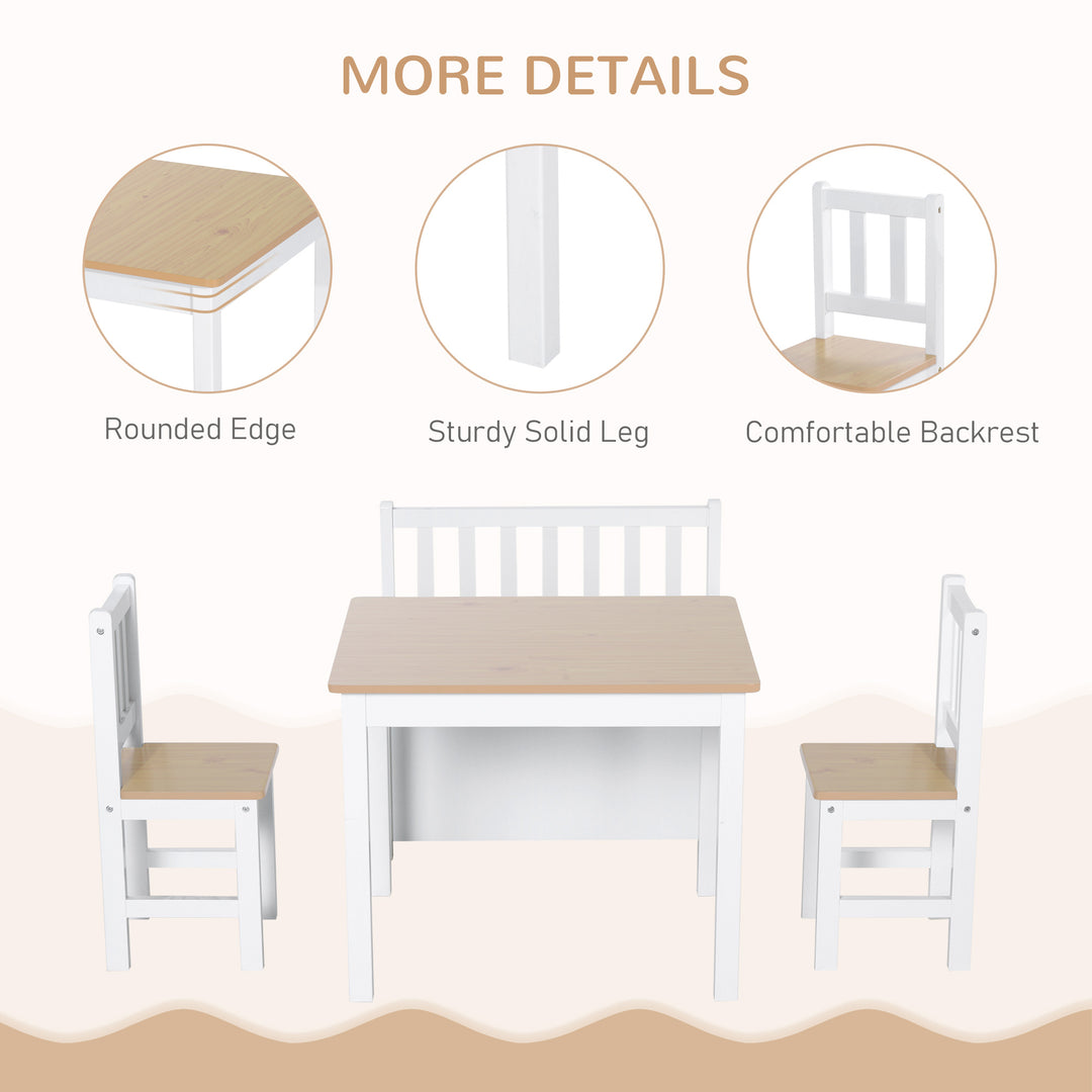 4-Piece Kids Table and Chair Set with 2 Wooden Chairs, 1 Storage Bench, and Interesting Modern Design, Beige/White