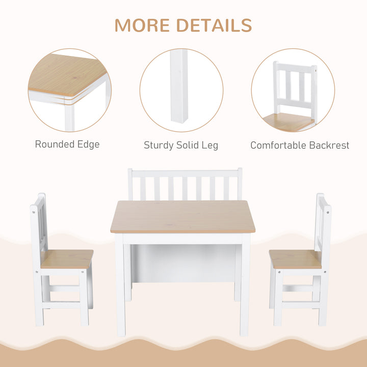 4-Piece Kids Table and Chair Set with 2 Wooden Chairs, 1 Storage Bench, and Interesting Modern Design, Beige/White
