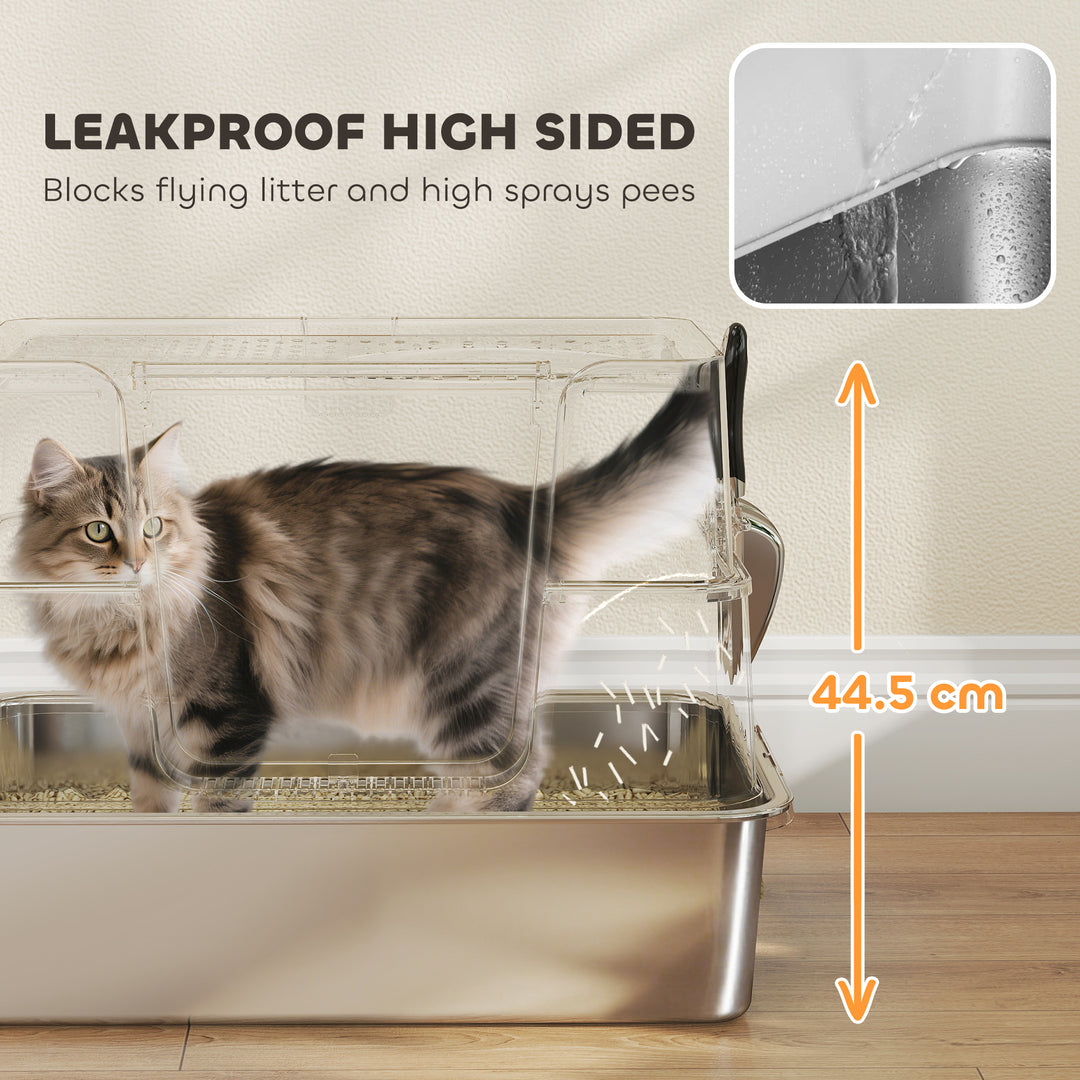 XL Stainless Steel Litter Box w/ 100° Flip Top, Scoop, Side Top Dual Entry, Odor Free, Easy Cleaning, Anti Leakage