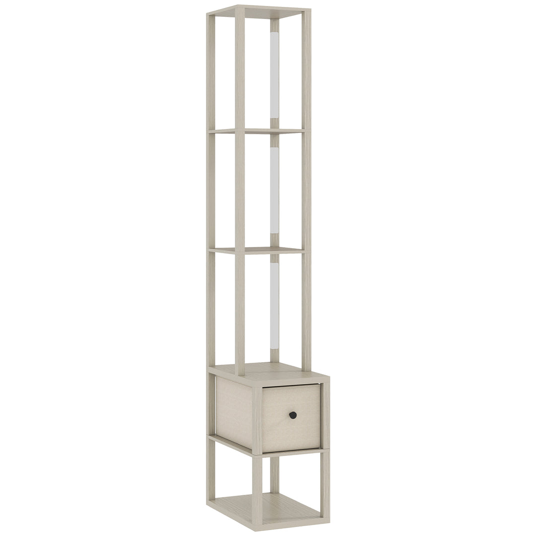 Floor Lamp with Shelves, LED Column Modern Standing Lamp with Fabric Drawer, Adjustable Brightness, Foot Switch for Living Room, Bedroom, Office, Oak