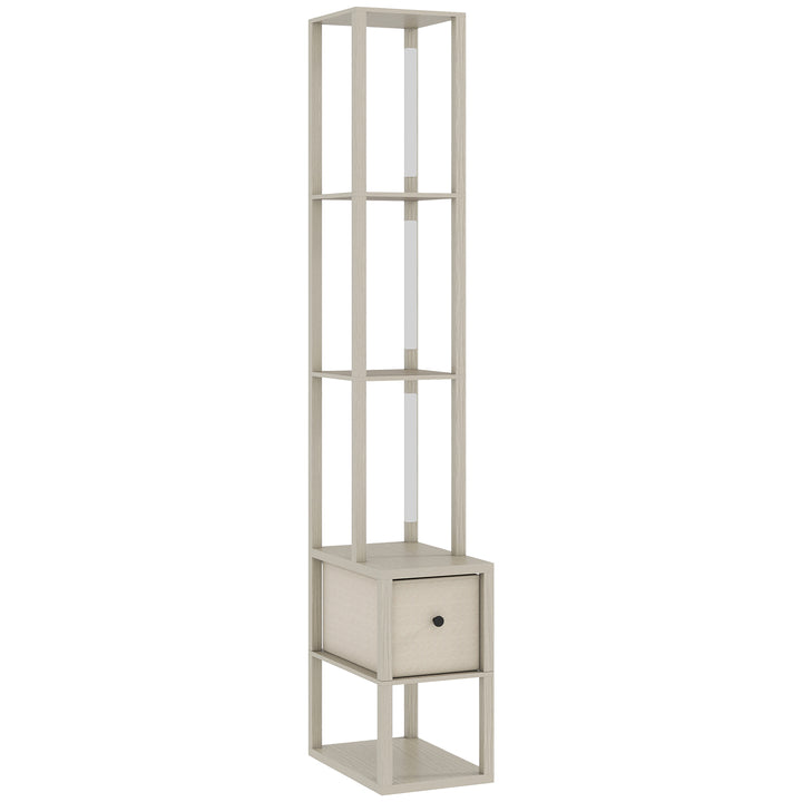 Floor Lamp with Shelves, LED Column Modern Standing Lamp with Fabric Drawer, Adjustable Brightness, Foot Switch for Living Room, Bedroom, Office, Oak