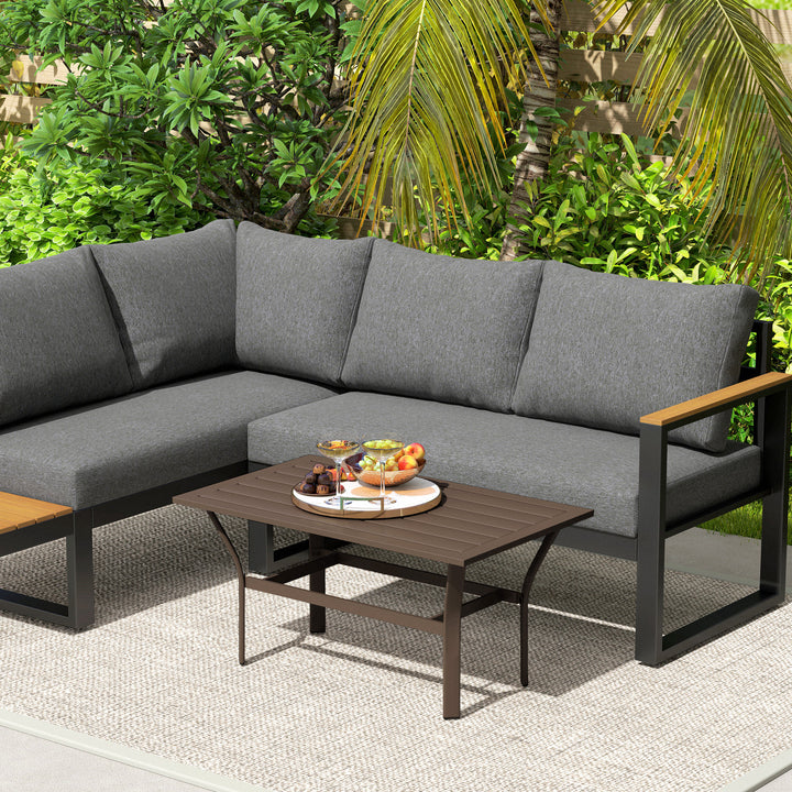 Metal Garden Coffee Table, Rectangular Outdoor Side Table with Slatted Tabletop, Foot Pads for Outside, Garden, Balcony, Porch, 91.5 x 55 x 45cm, Brown