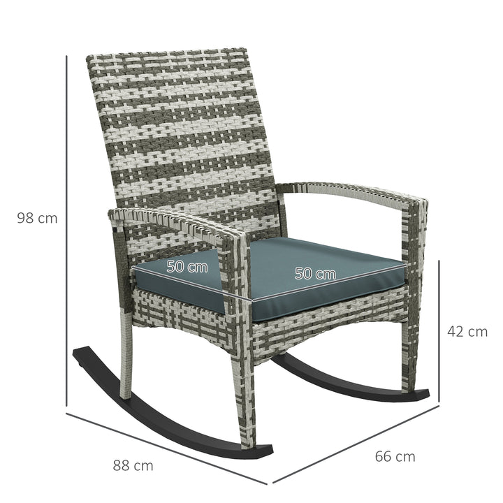 PE Rattan Garden Rocking Chair, Outdoor Rocking with Cushion, 160 KG Capacity Wicker Garden Armchair Rocker with Metal Frame for Patio, Porch, Balcony, Light Grey