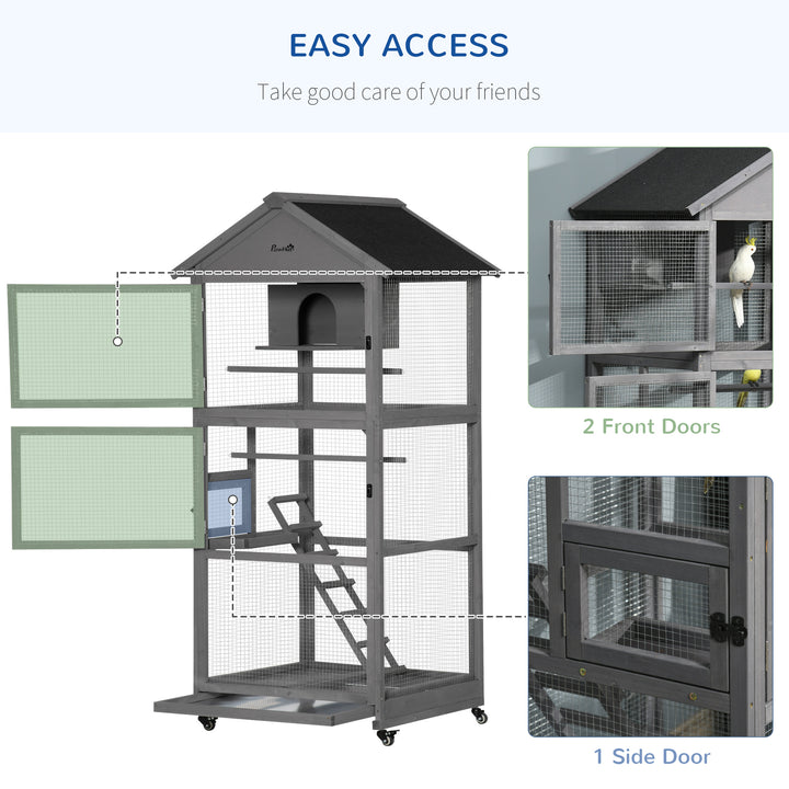 Bird Cage budgie cage Wooden Outdoor Aviary with Wheels for Canary Finch with Asphalt Roof Perch Nest Ladder Slide-out Tray, Grey