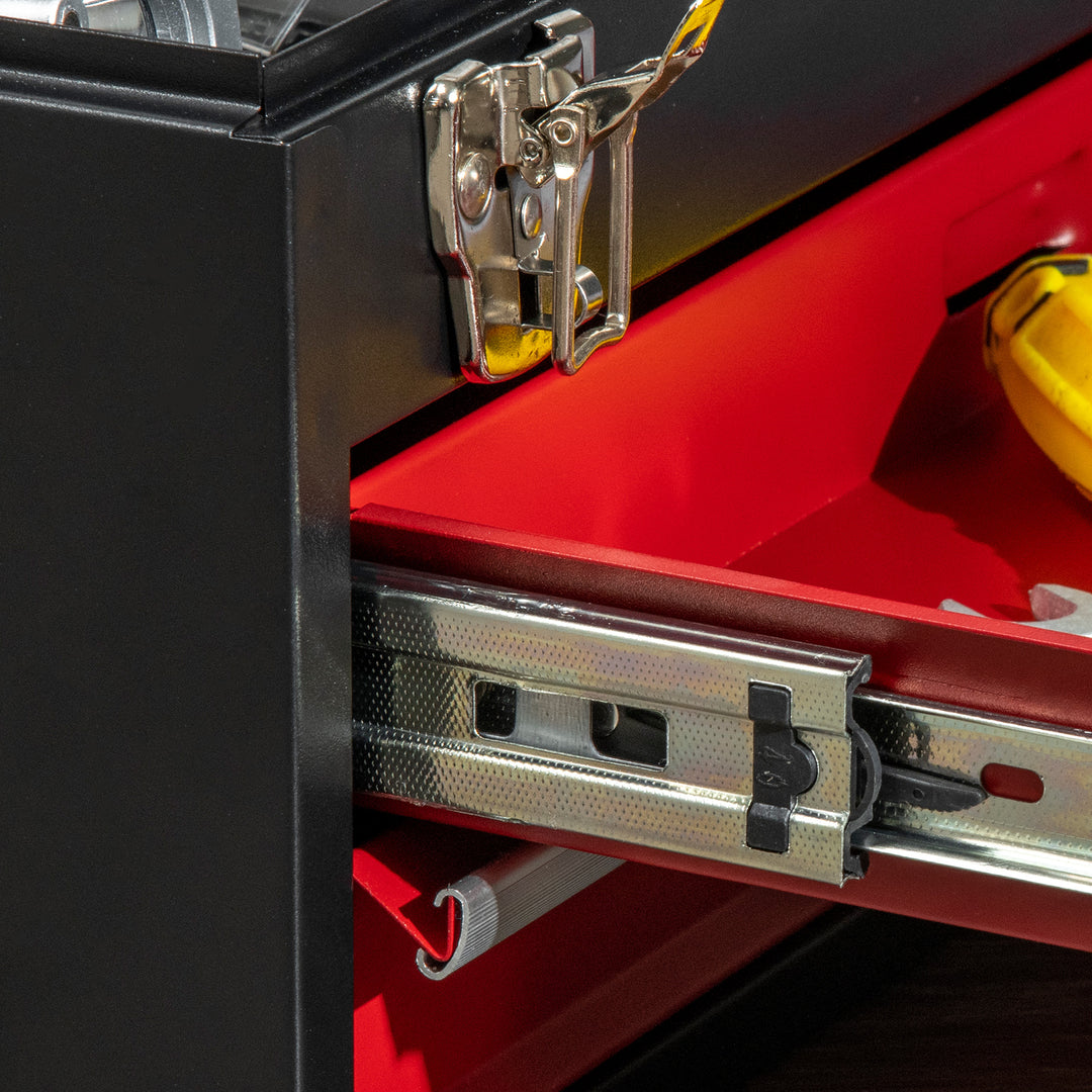 2 Drawer Tool Chest, Lockable Metal Tool Box with Ball Bearing Runners, Portable Toolbox, 460mm x 240mm x 220mm, Black