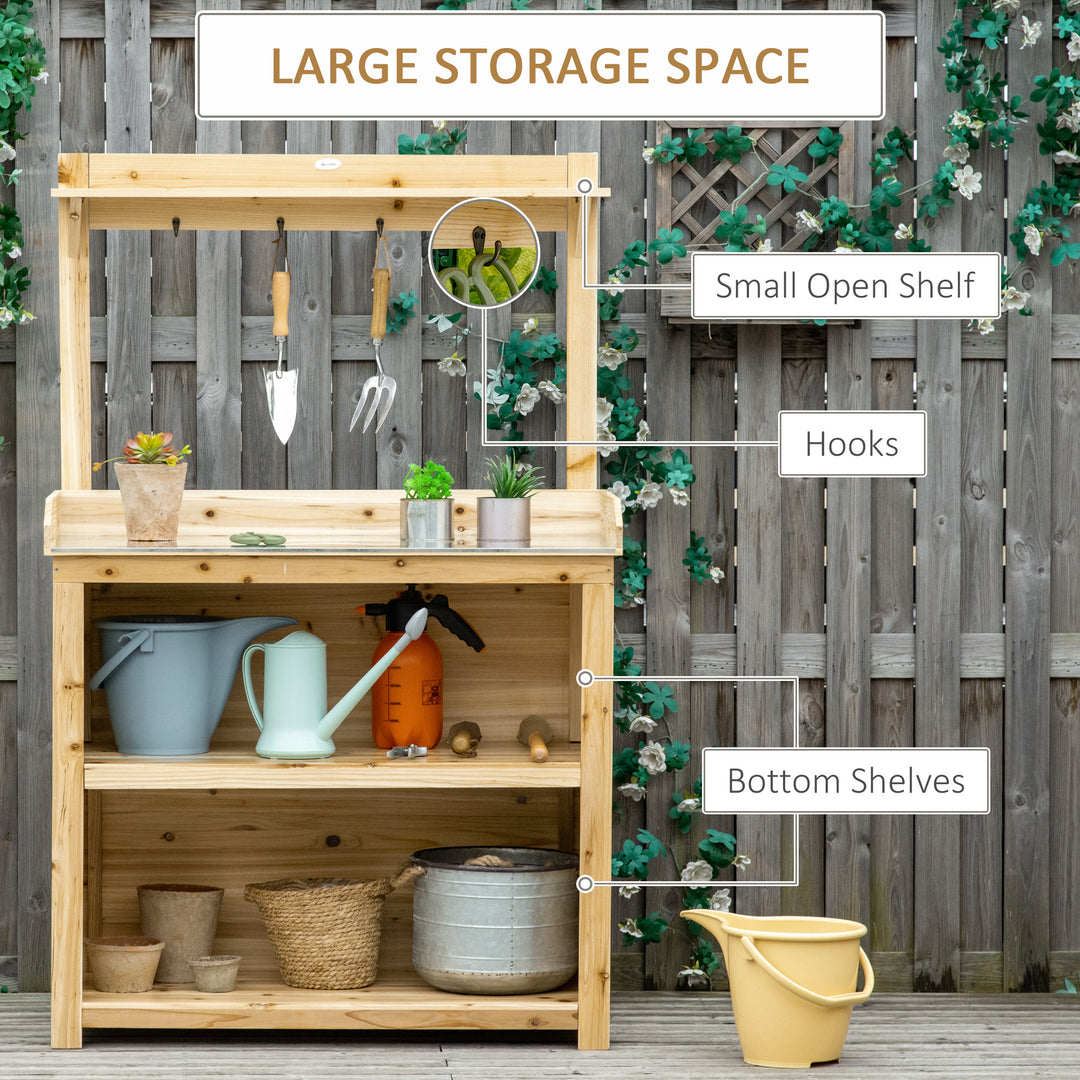 MCL Garden Potting Bench Table, Wooden Workstation Bench w/ Galvanized Metal Tabletop, Storage Shelves and Hooks, Natural