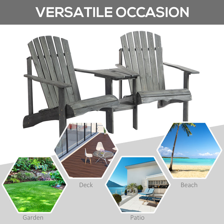 Wooden Outdoor Double Adirondack Chairs Loveseat w/ Centre Table and Umbrella Hole, Garden Patio Furniture for Lounging and Relaxing, Grey