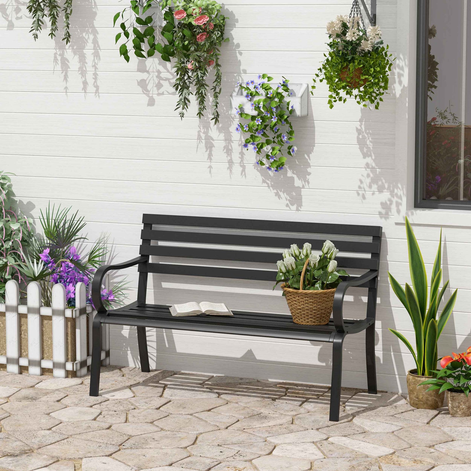 Stylish 2 Seater Metal Garden Porch Chair Bench Stable Patio Outdoor Park Metal Bench - Black