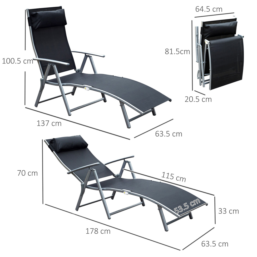 Sun Lounger Steel Frame Outdoor Folding Chaise Texteline Lounge Chair Recliner with Headrest & 7 Levels Adjustable Backrest, Black