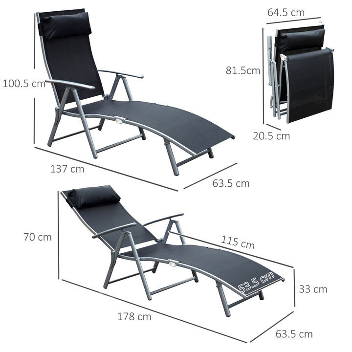Sun Lounger Steel Frame Outdoor Folding Chaise Texteline Lounge Chair Recliner with Headrest & 7 Levels Adjustable Backrest, Black