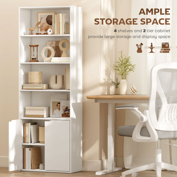 MCL 6-Tier Tall Bookcase, Bookshelf with 4 Open Shelves and Double Door Storage Cabinet, Freestanding Display Rack for Living Room, Bedroom, Home Office, Study, 59 x 29 x 180cm, White