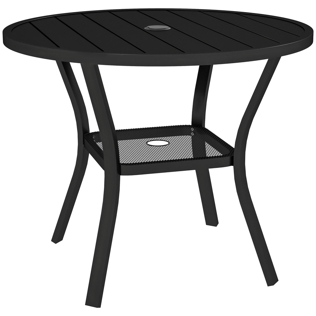 90 cm Garden Dining Table with 4-5 cm Parasol Hole, Round Outdoor Dining Table, Steel Garden Table with Slatted Metal Top and Wire Shelf for Balcony, Porch, Black