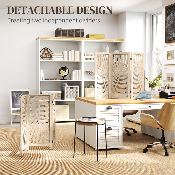 3 Panel Room Divider, Detachable Folding Privacy Screens with Palm Leaf Design for Home Office