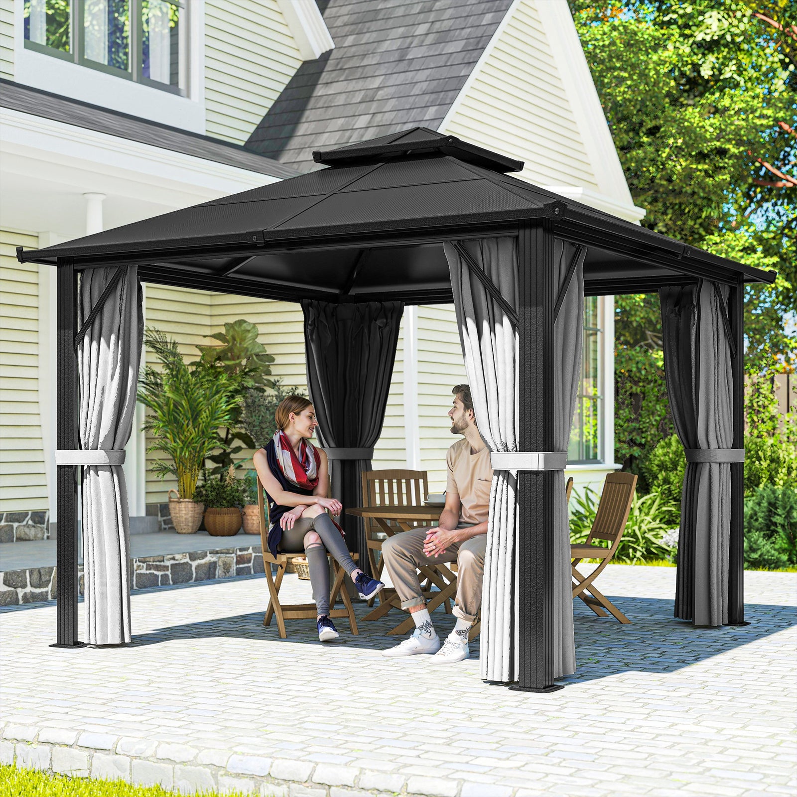 3 x 3(m) Hardtop Gazebo Canopy with UPF30+ Double Polycarbonate Roof, Aluminium Frame Garden Gazebo Permanent Pavilion with Mosquito Netting and Curtains for Patio, Deck, Grey