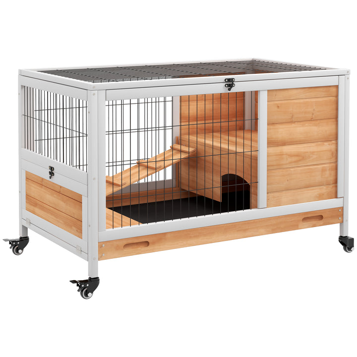 Wooden Guinea Pig Hutch, 2-Floor Bunny Cage w/ Enclosed Run Area, Yellow