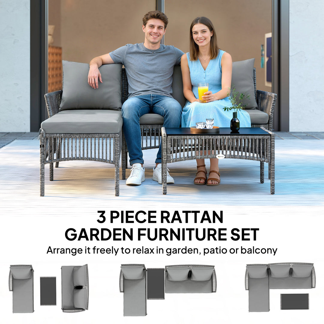 3 Piece Rattan Garden Furniture Corner Sofa Set with Chaise Lounge, Lo