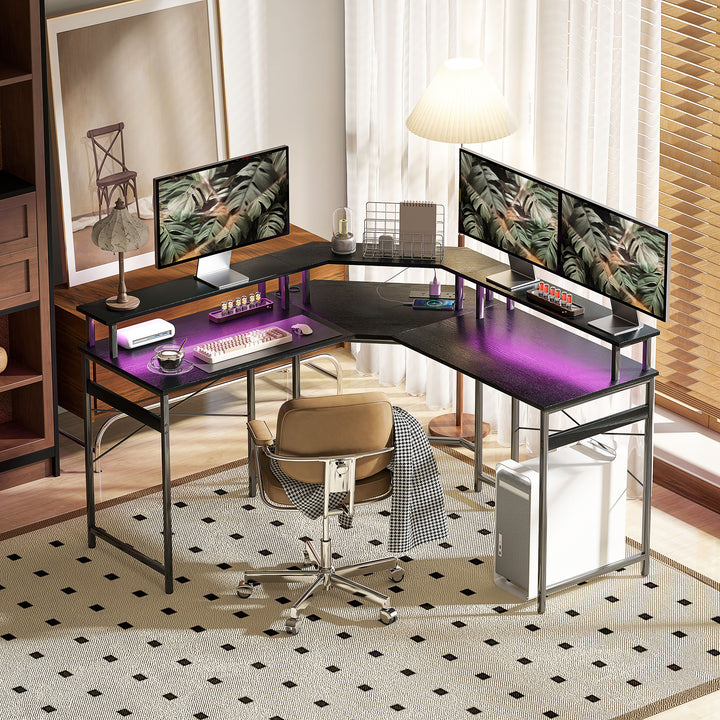 L' Shaped Work Desk, with LED Lights - Black