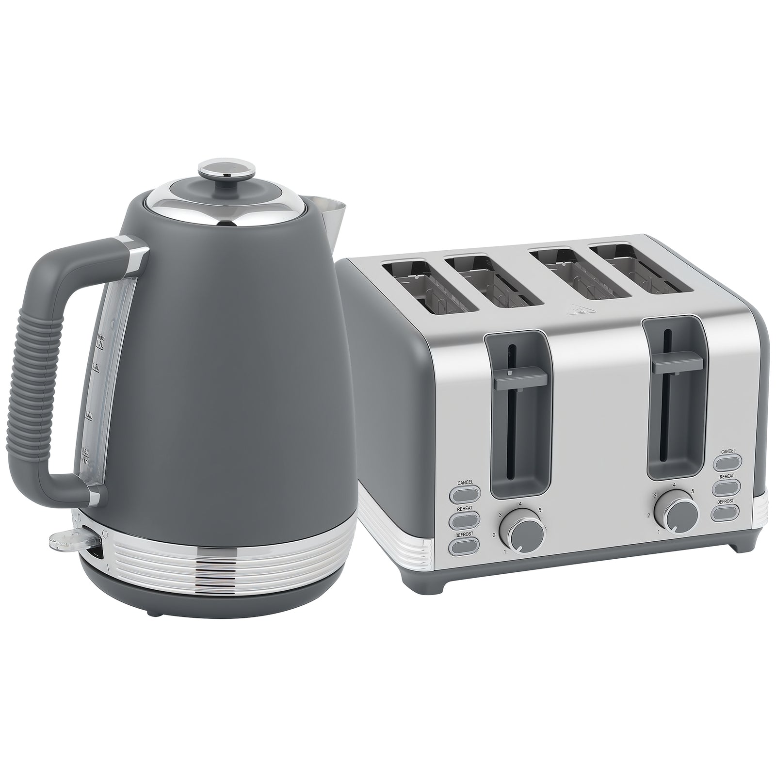 Stainless Steel Kettle and Toaster Set, 1.7L 3000W Rapid Boil Jug Kettle with UK Strix Thermostat, Limescale Filter, 4 Slice Toaster with 7 Browning Controls, Crumb Tray, Grey and Silver Tone
