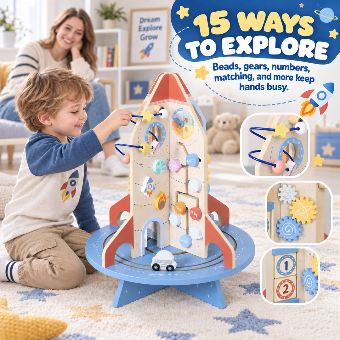 Wooden Activity Cube, Rocket Theme Educational Toys with Shape Sorter - view 5