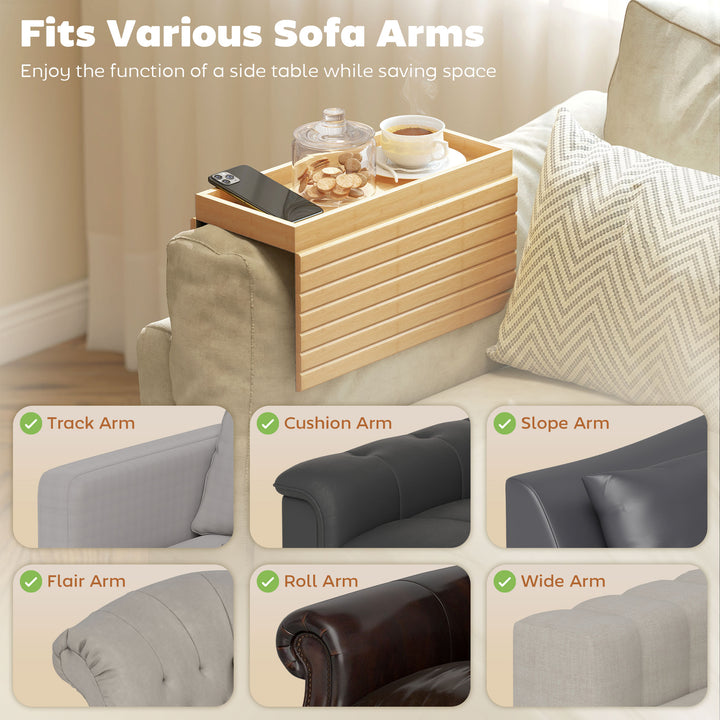 Bamboo Sofa Arm Tray, Foldable Anti-Slip Armrest Tray for Drinks and S