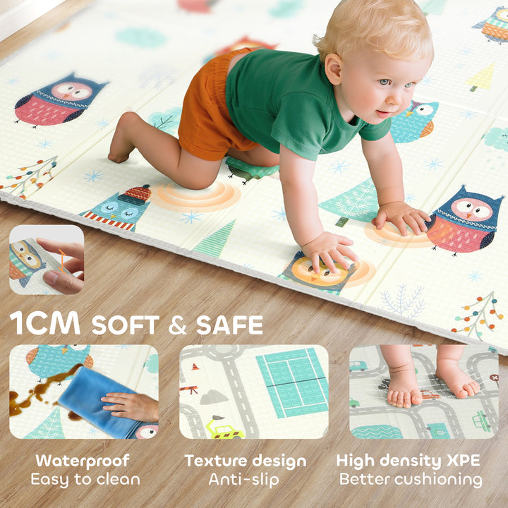 MCL Foldable Baby Plat Mat Double Sided, Kids Floor Mat for Crawling, 195.5L x 147.5W cm, Car track and Owl Theme
