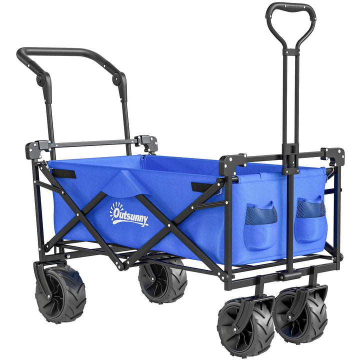 Folding Trolley Cart Storage Wagon Beach Trailer 4 Wheels with Handle Overhead Canopy Cart Push Pull for Camping, Blue