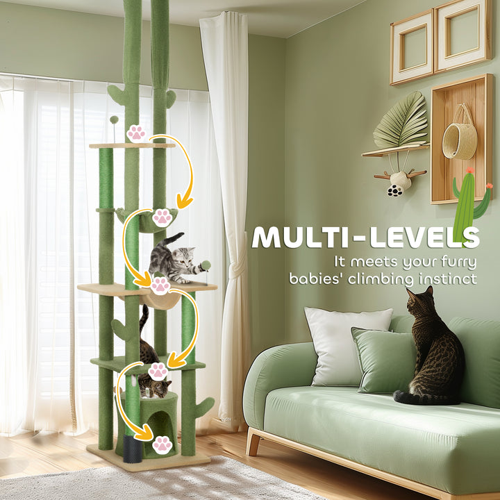 225-255cm Adjustable Floor to Ceiling Cat Tree, Tall Cat Tower for Indoor Cats w/ Scratching Posts, Green